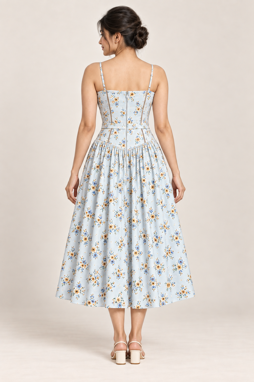 AI design preview of the Maison Rosé Florenne — Blue Bouquet dress, back view.