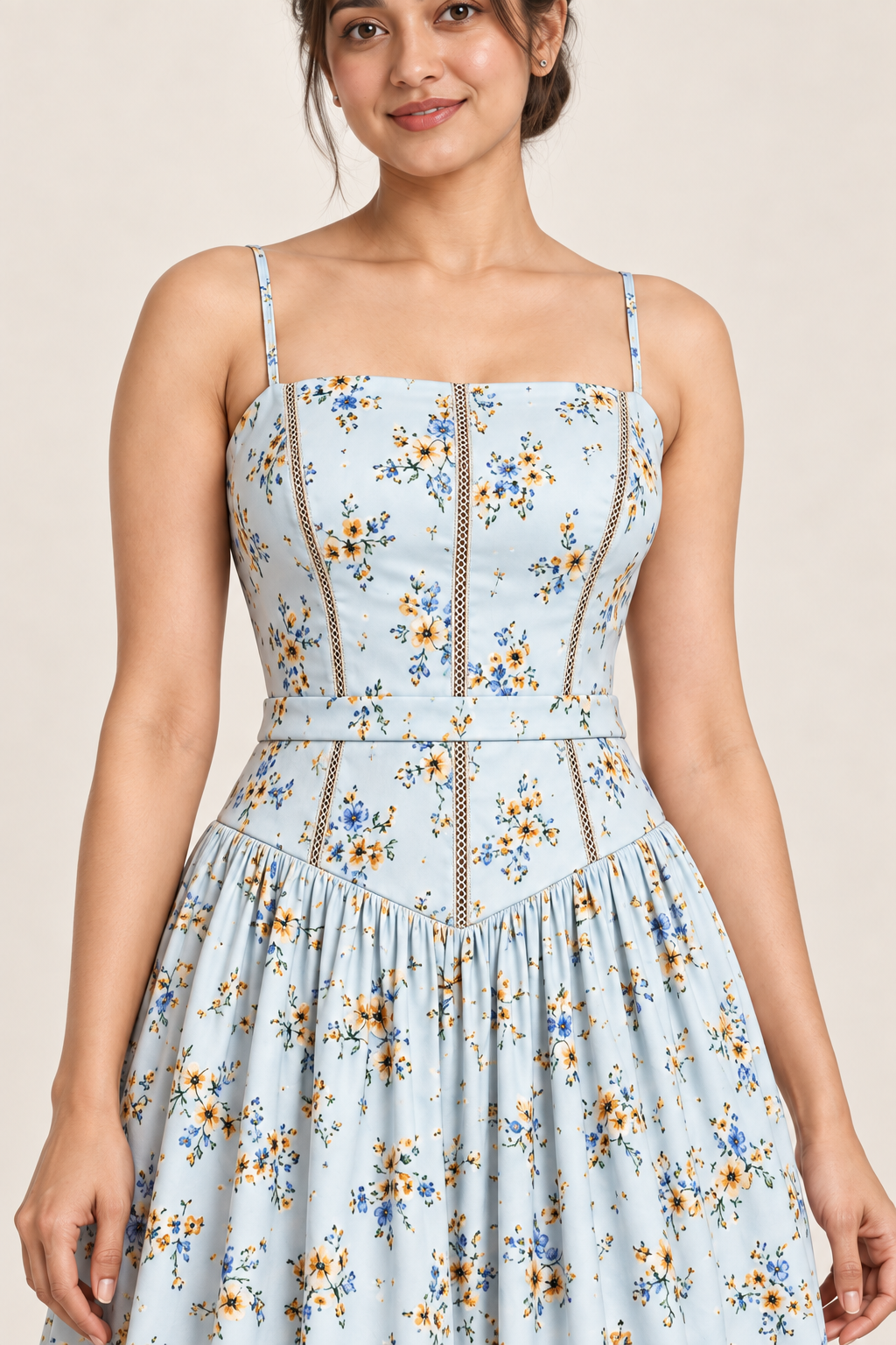 AI design preview of the Maison Rosé Florenne — Blue Bouquet dress, detail view.