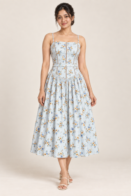 AI design preview of the Maison Rosé Florenne — Blue Bouquet dress, front view.