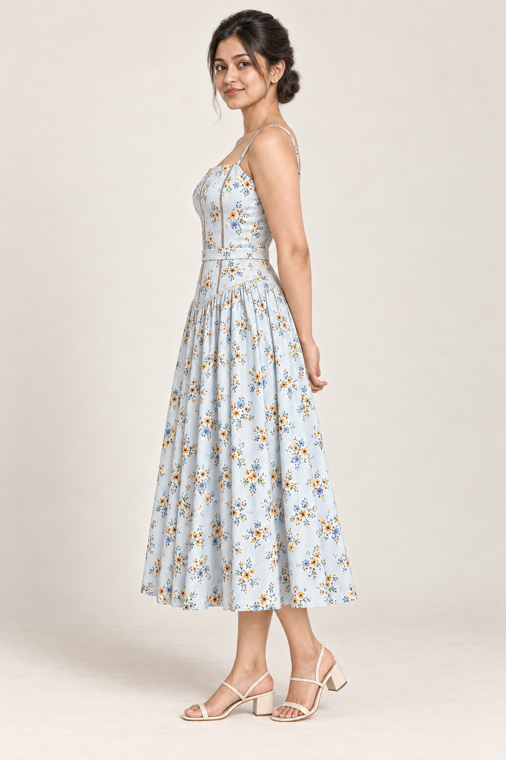 AI design preview of the Maison Rosé Florenne — Blue Bouquet dress, side view.