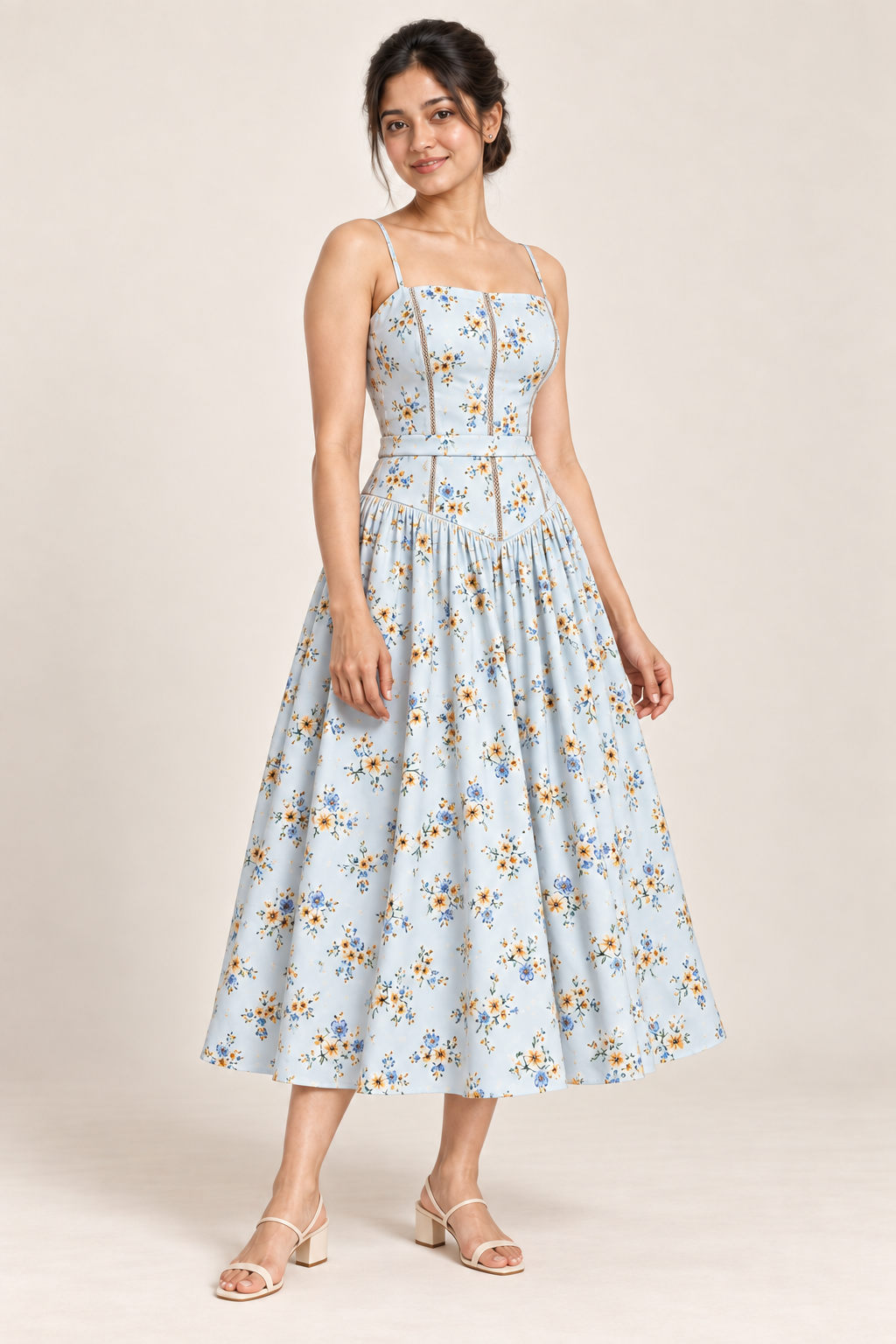 AI design preview of the Maison Rosé Florenne — Blue Bouquet dress, three-quarter view.