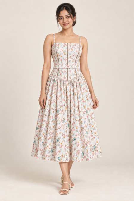 AI design preview of the Maison Rosé Florenne — Multicolour Sprigs dress, front view.