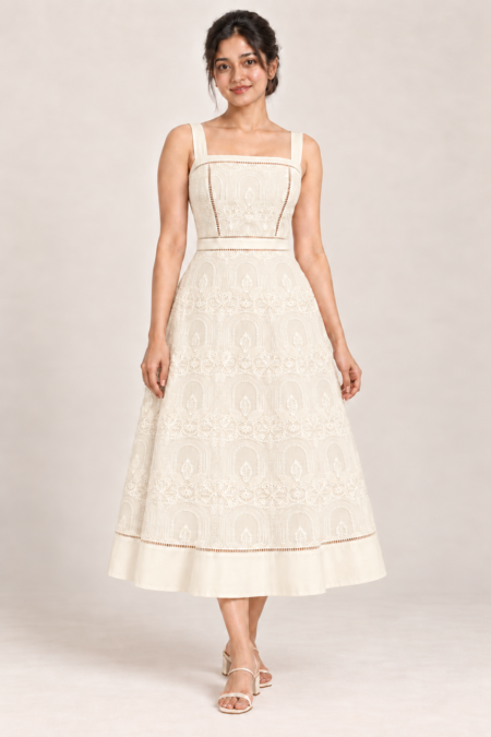 AI design preview of the Élodie cutwork dress in Off-white / Cream, front view on a model