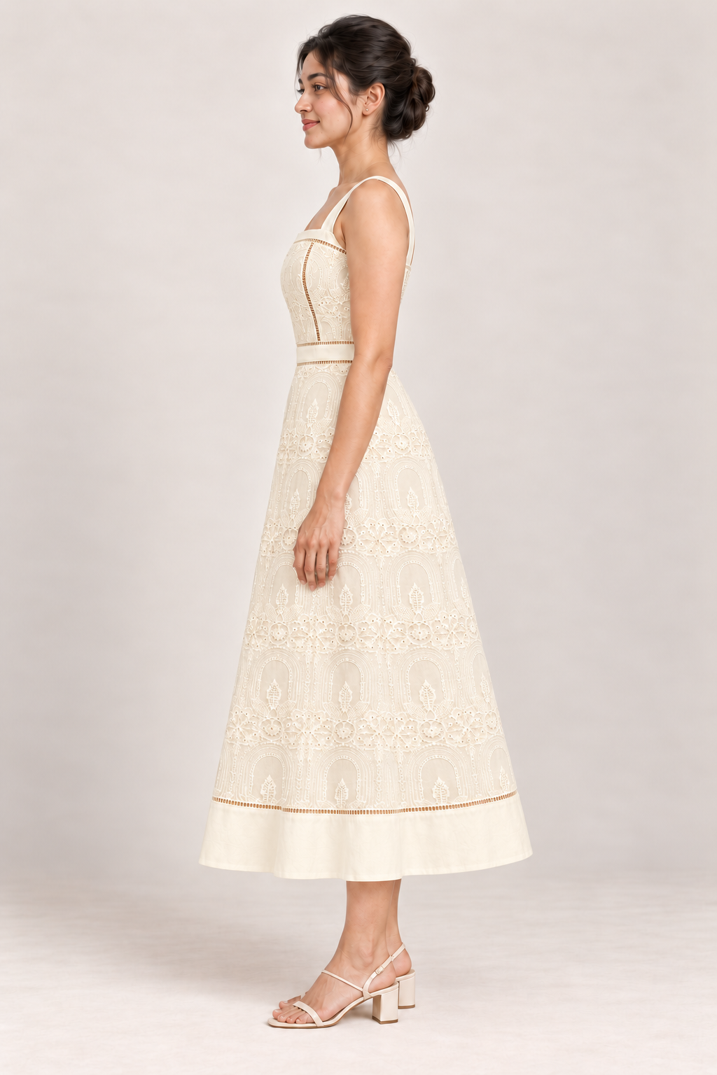AI design preview of the Maison Rosé Élodie — Off-white / Cream dress, side view.