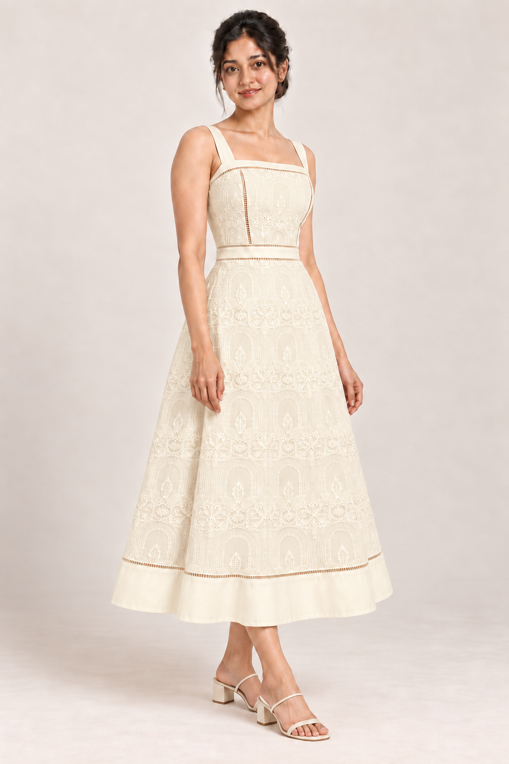 AI design preview of the Maison Rosé Élodie — Off-white / Cream dress, three-quarter view.