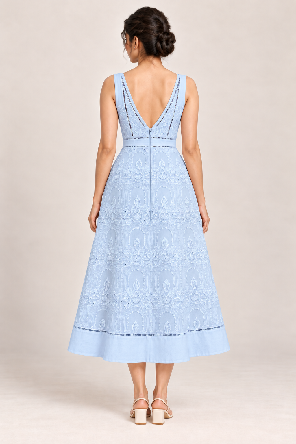 AI design preview of the Maison Rosé Élodie — Light Blue dress, back view.