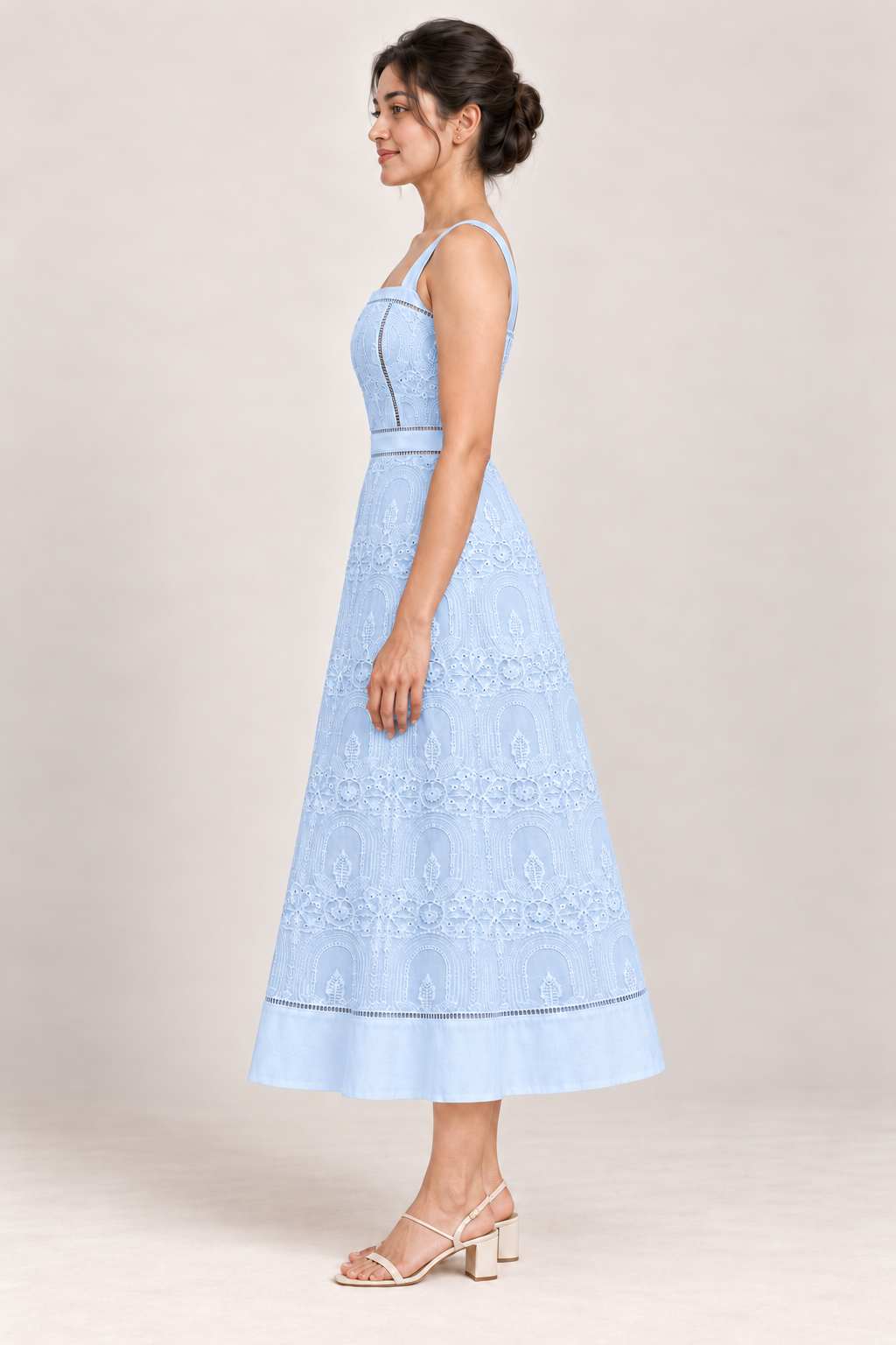AI design preview of the Maison Rosé Élodie — Light Blue dress, side view.