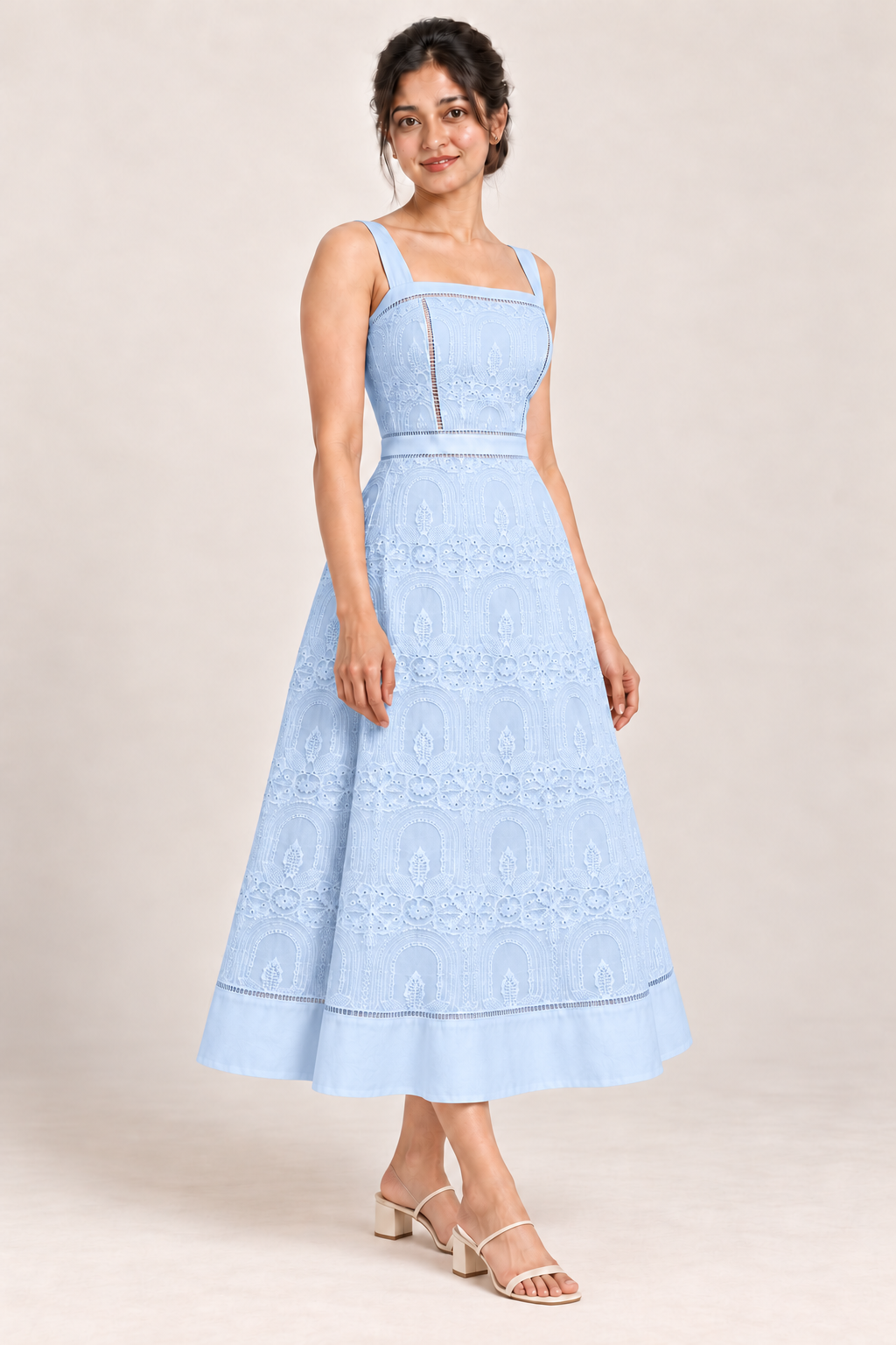 AI design preview of the Maison Rosé Élodie — Light Blue dress, three-quarter view.