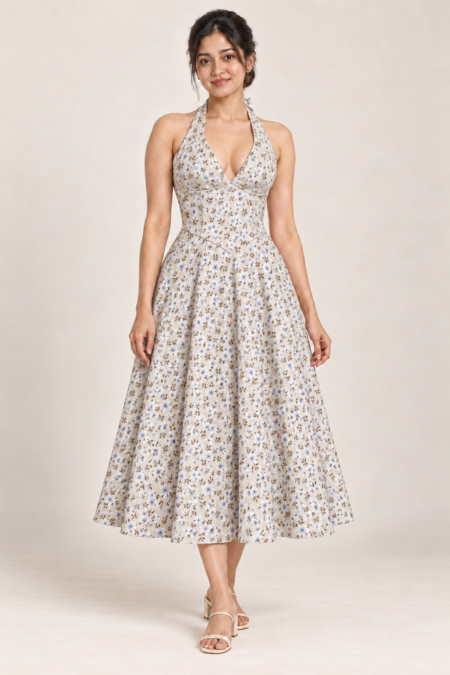 AI design preview of the Maison Rosé Azure Fleur — Beige & Blue Blossom dress, front view.
