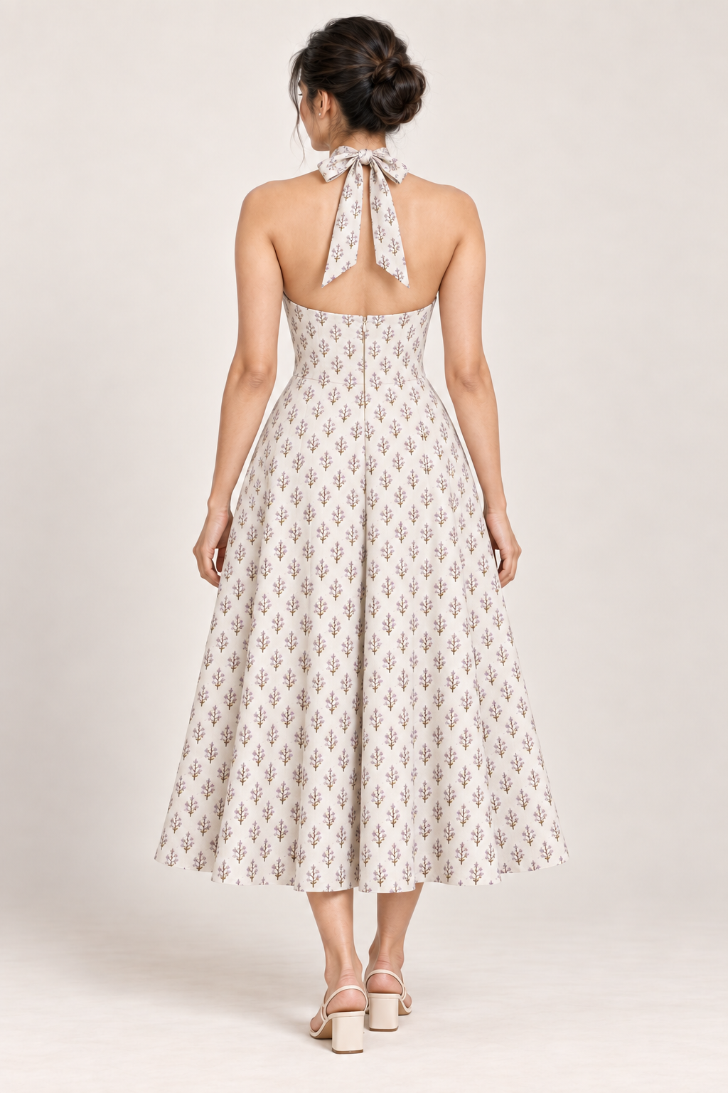 AI design preview of the Maison Rosé Azure Fleur — Lilac Sprigs dress, back view.