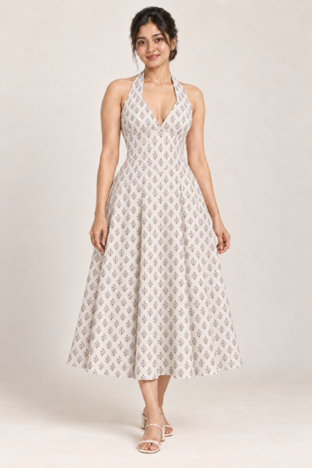 AI design preview of the Maison Rosé Azure Fleur — Lilac Sprigs dress, front view.