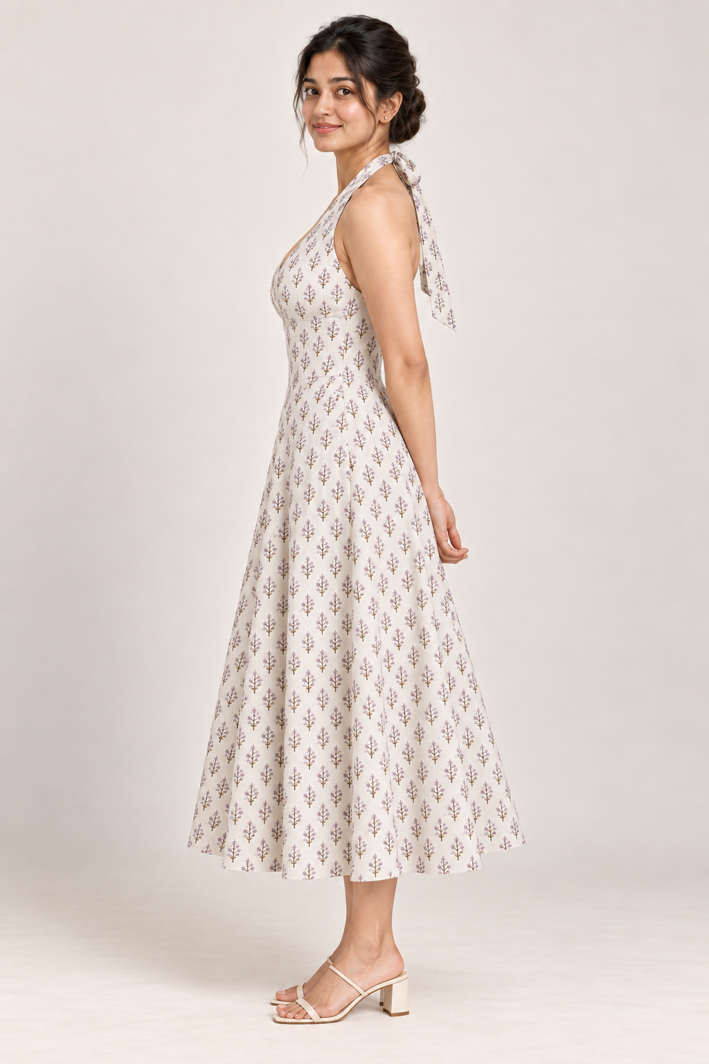 AI design preview of the Maison Rosé Azure Fleur — Lilac Sprigs dress, side view.