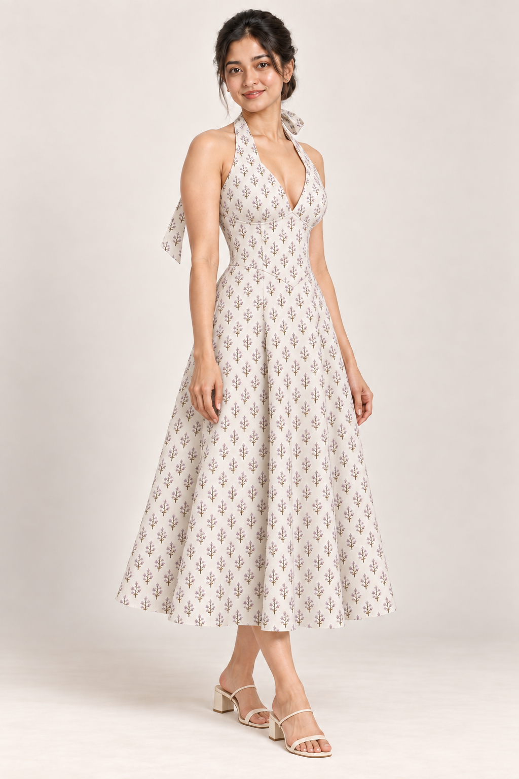 AI design preview of the Maison Rosé Azure Fleur — Lilac Sprigs dress, three-quarter view.