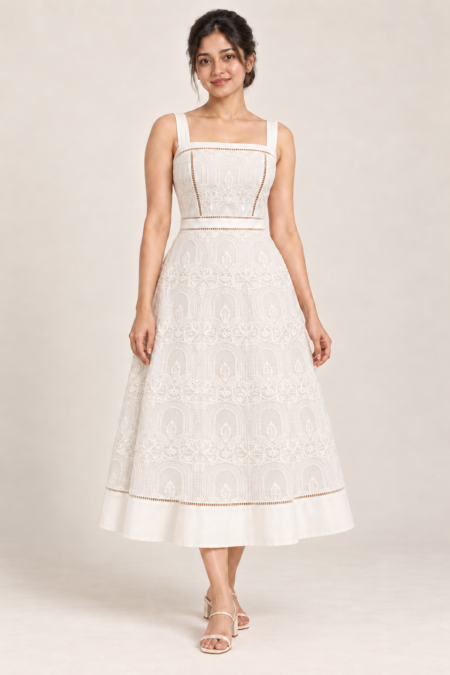 AI design preview of the Élodie cutwork dress in White, front view on a model