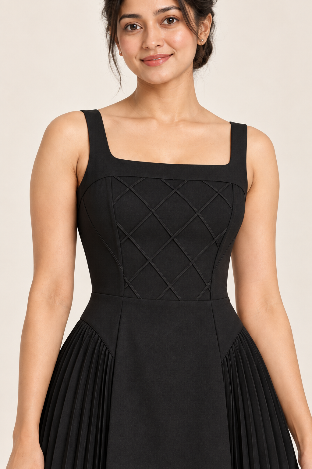 AI design preview of the Maison Rosé Céleste — Black dress, detail view.