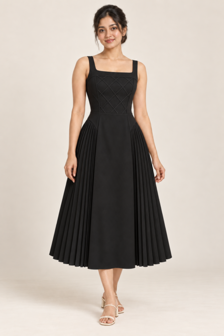 AI design preview of the Maison Rosé Céleste — Black dress, front view.