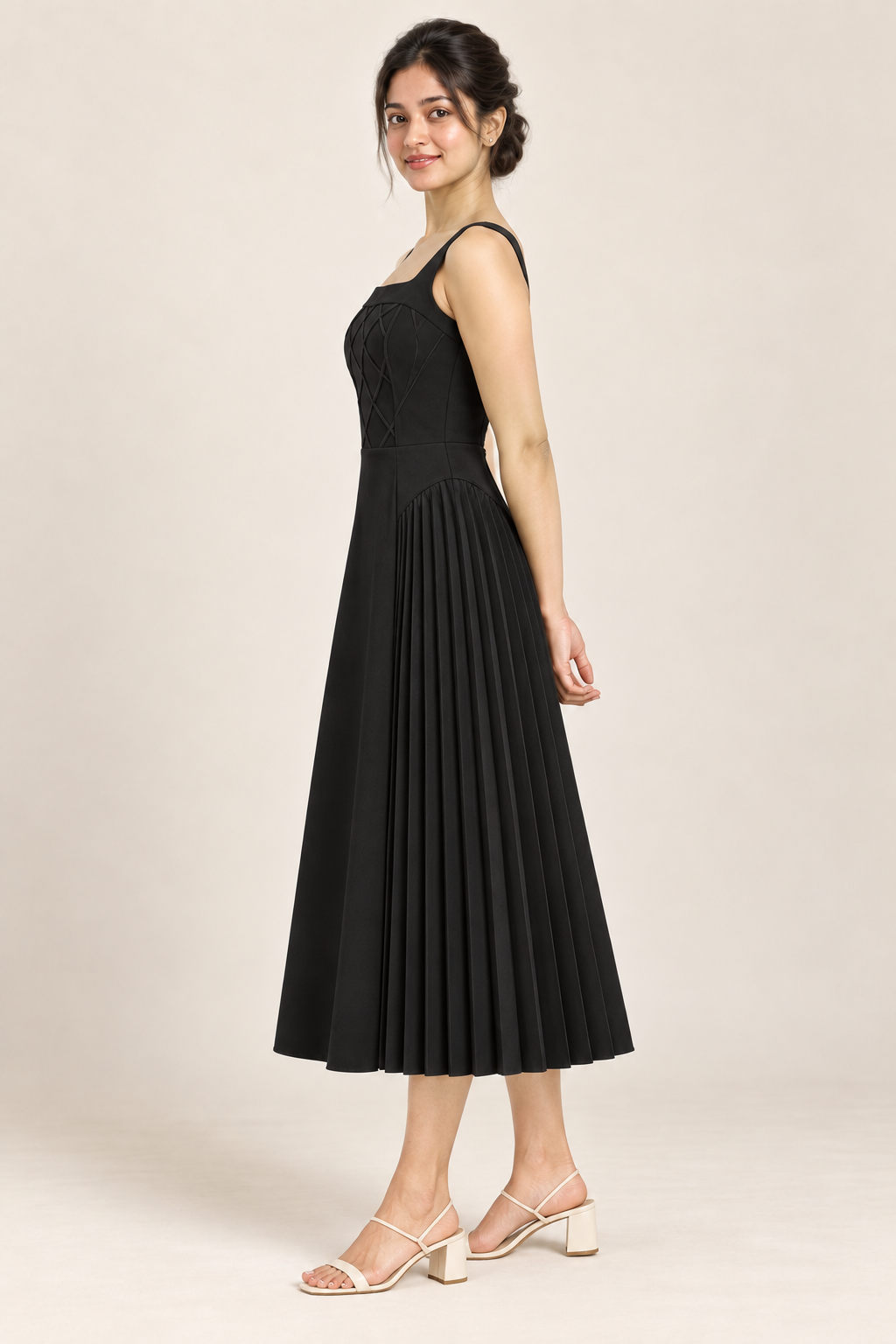 AI design preview of the Maison Rosé Céleste — Black dress, side view.