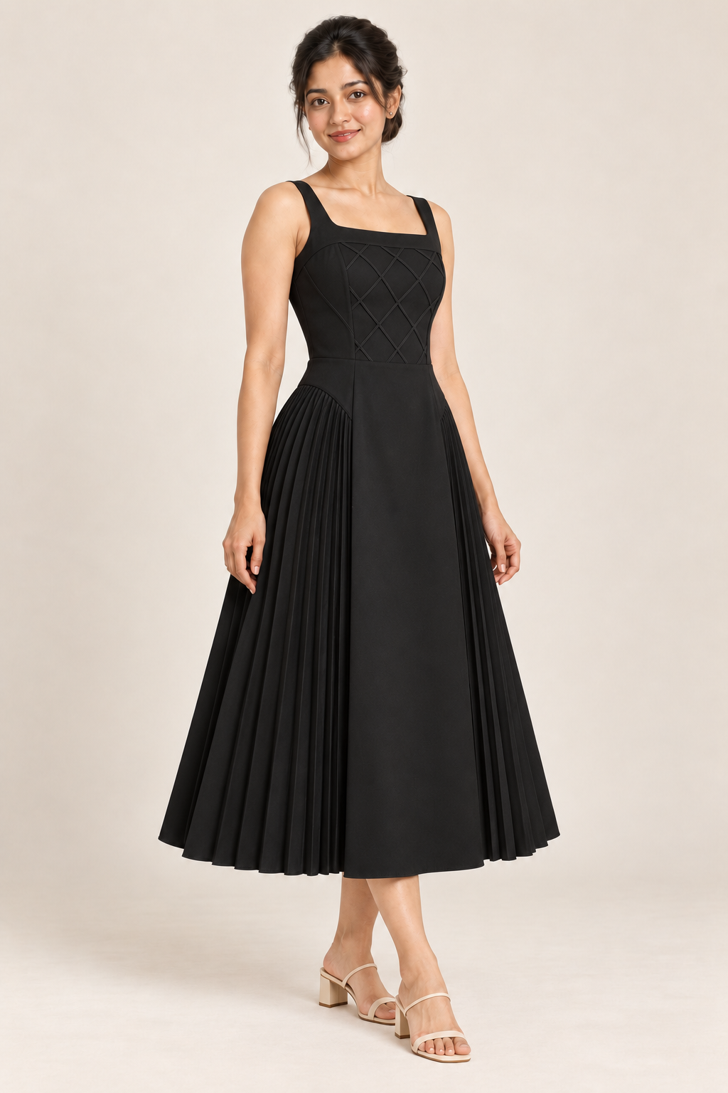 AI design preview of the Maison Rosé Céleste — Black dress, three-quarter view.