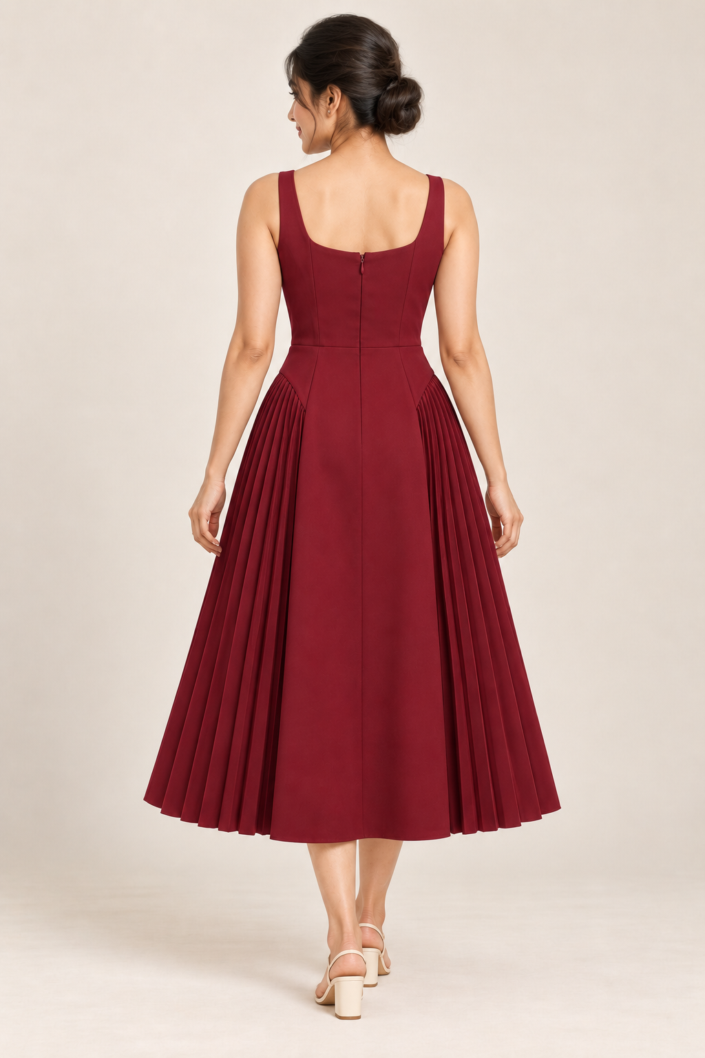 AI design preview of the Maison Rosé Céleste — Burgundy dress, back view.