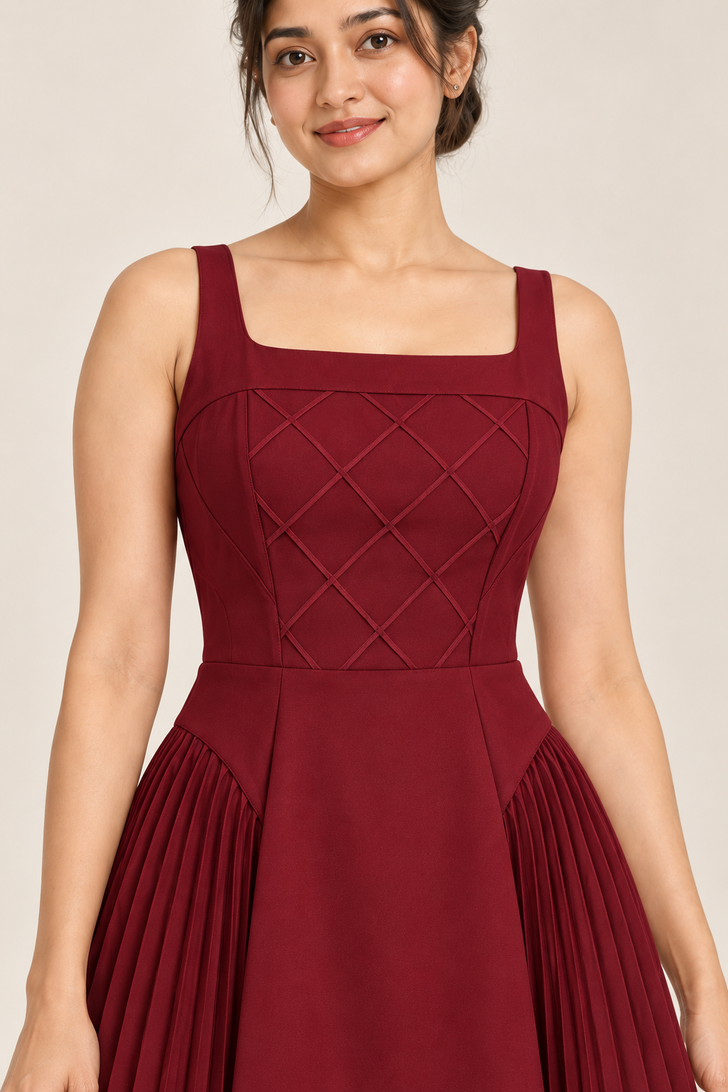 AI design preview of the Maison Rosé Céleste — Burgundy dress, detail view.