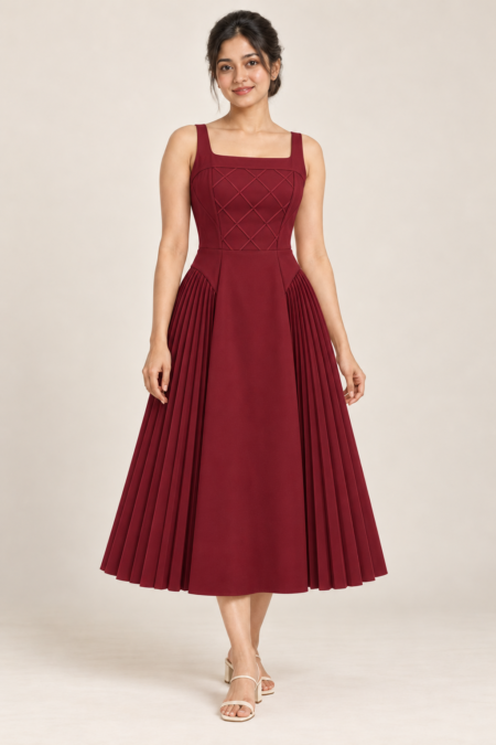 AI design preview of the Maison Rosé Céleste — Burgundy dress, front view.