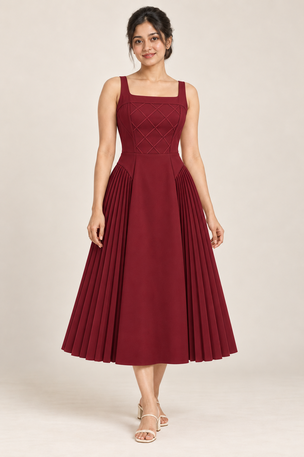 AI design preview of the Maison Rosé Céleste — Burgundy dress, front view.