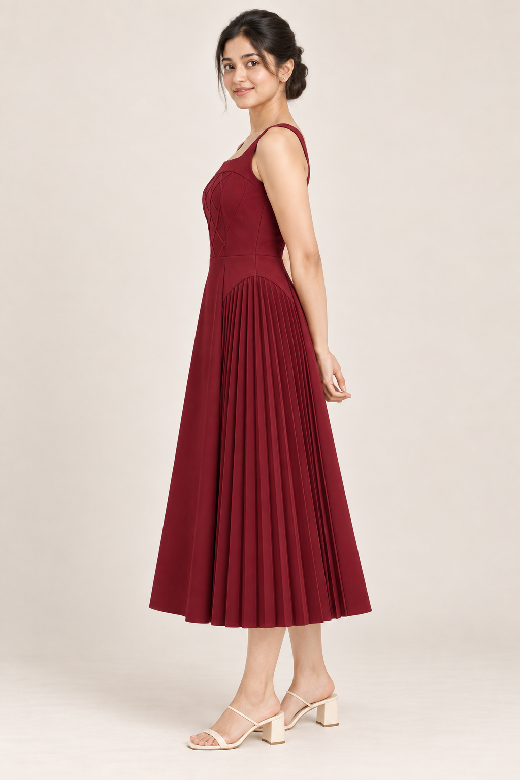 AI design preview of the Maison Rosé Céleste — Burgundy dress, side view.