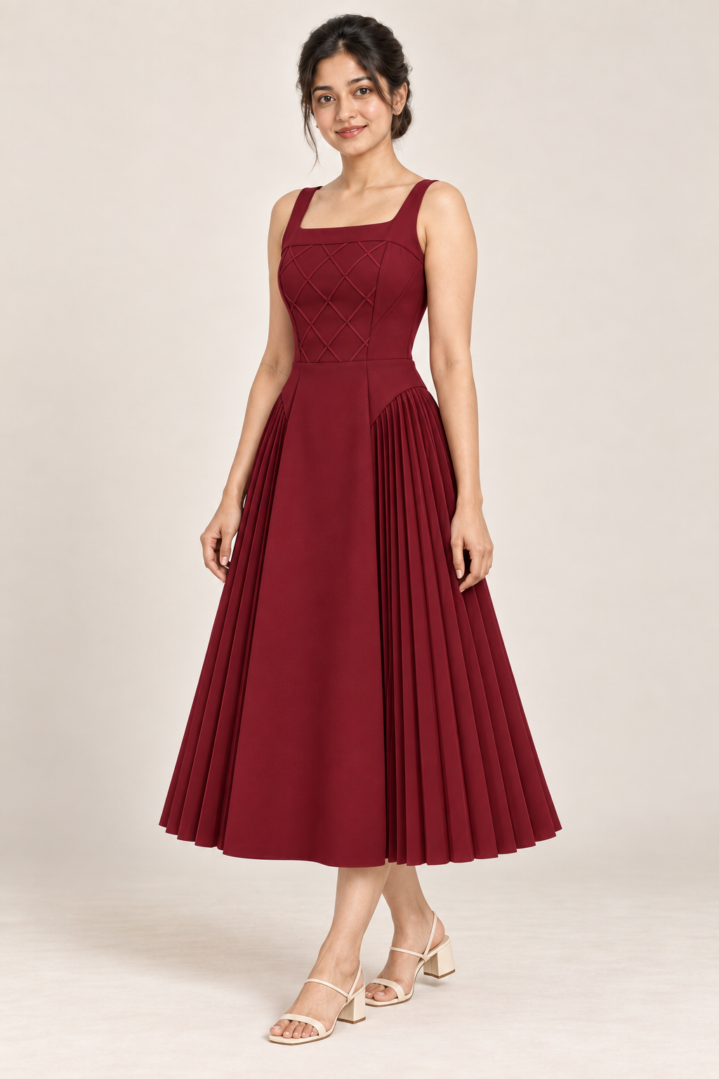 AI design preview of the Maison Rosé Céleste — Burgundy dress, three-quarter view.
