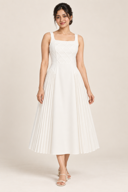 AI design preview of the Céleste pleated-panel dress in white, front view on a model